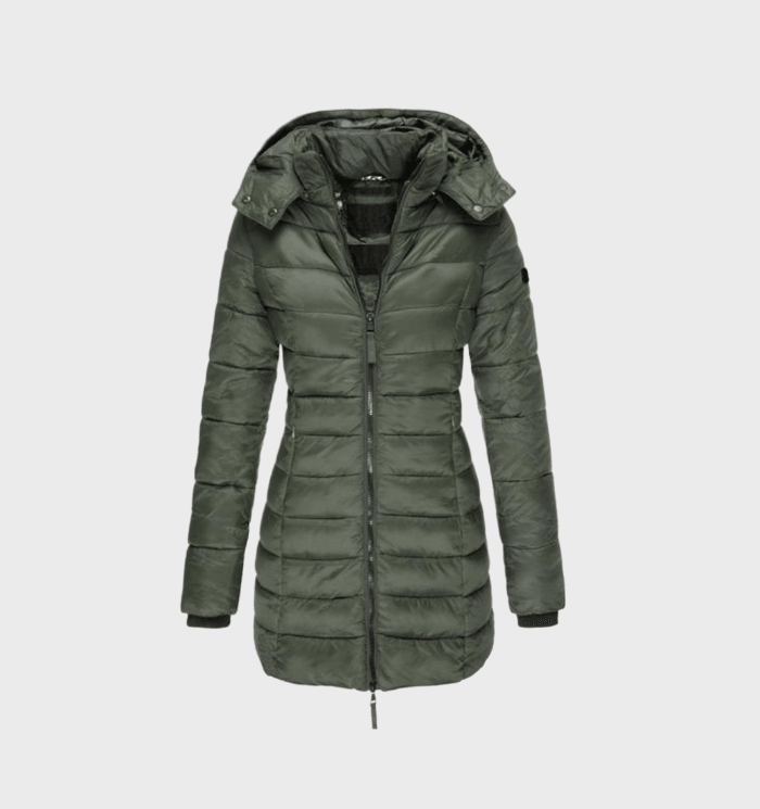 Damen Winterjacke grün, gesteppte Daunenoptik, mit Kapuze und Reißverschluss. Stilvoll, warm und ideal für kalte Tage.