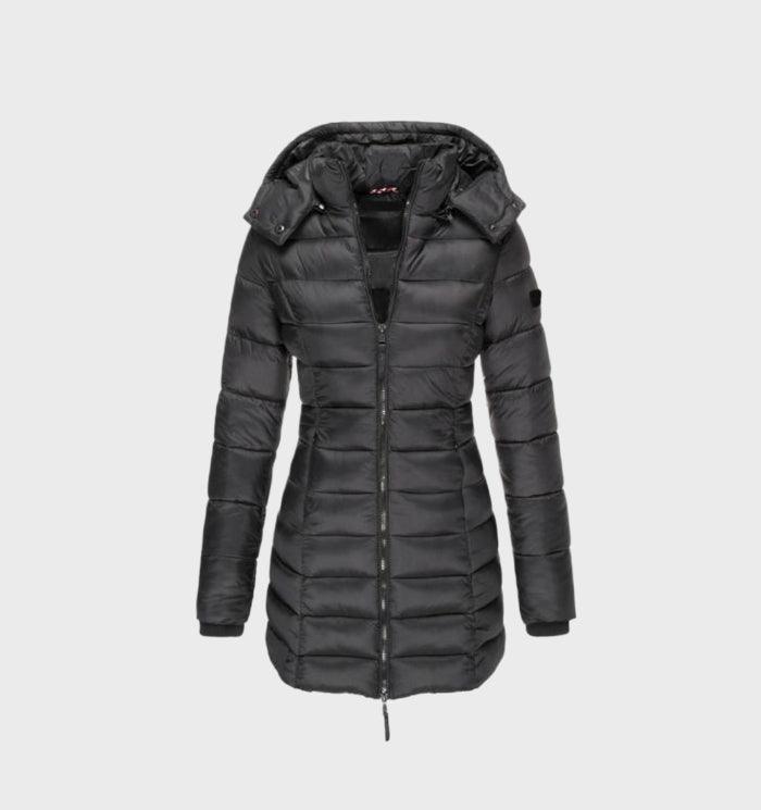 Schwarze Damen-Daunenjacke mit Kapuze, Reißverschluss und Steppdesign. Ideal für Wintermode, warm und stilvoll. Perfekt für kalte Tage.