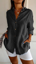 Damen Bluse schwarz, Leinen, lässig, Knopfleiste, Langarm, Sommermode, elegant, Freizeitlook.
