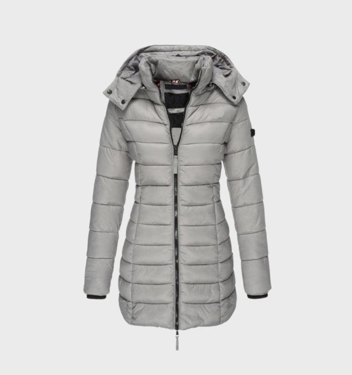 Damen Winterjacke, grau, mit Kapuze und Reißverschluss. Leicht, warm, ideal für kalte Tage. Perfekt für stilvolle Wintermode.
