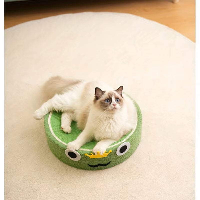 Plüschige Katze auf grünem Frosch-Katzenbett, gemütlich und stilvoll. Perfektes Haustierzubehör für Katzenliebhaber. Ideal für Katzenkomfort.