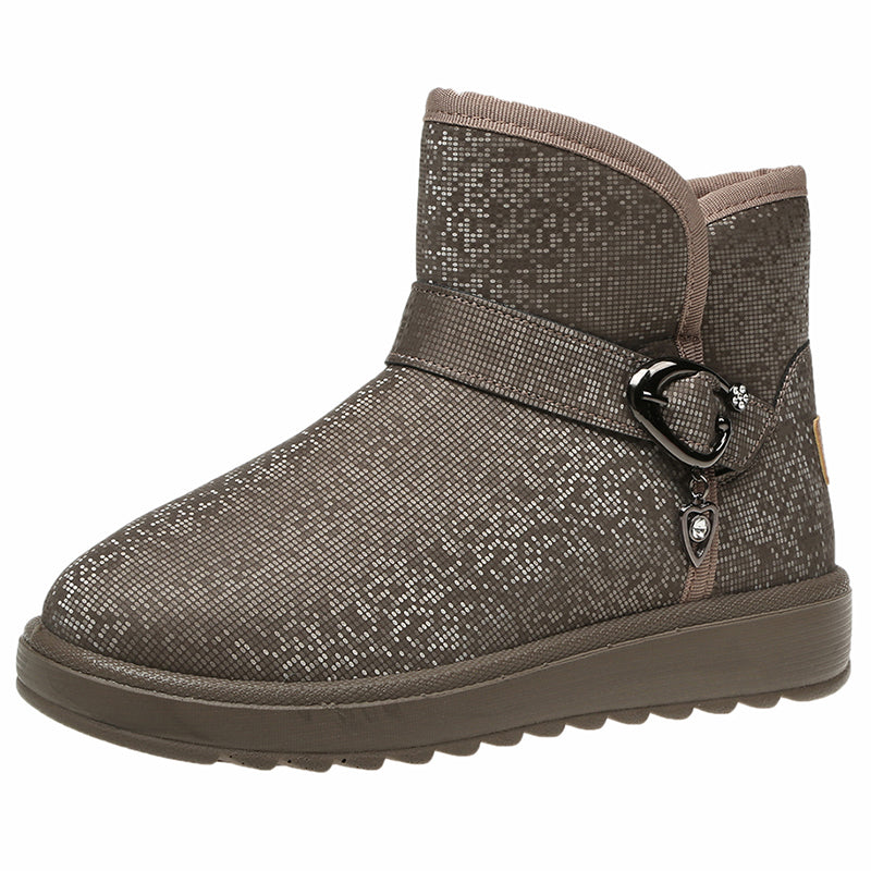 Damen-Snowboots, wasserdicht, rutschfest, mit Schnalle, warm gefüttert, Winter 2023, glänzend, dickes Plüsch, modisch, bequem, braun.