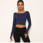 Damen Sporttop langärmelig, blau, bauchfrei. Perfekt für Fitness, Yoga, Laufen. Atmungsaktiv, elastisch, modisch. Ideal für aktive Frauen.