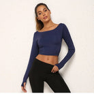 Damen Sporttop in Marineblau, langärmelig, bauchfrei. Perfekt für Fitness, Yoga und Freizeit. Atmungsaktives Material, modisches Design.