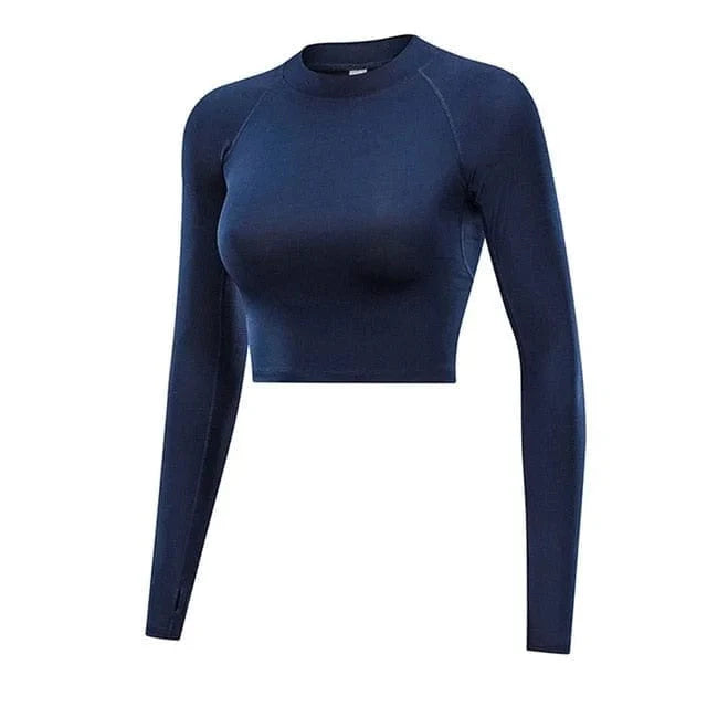 Damen Sporttop, langärmelig, marineblau, mit Mesh-Rücken. Ideal für Fitness, Yoga und Laufen. Atmungsaktiv und bequem.