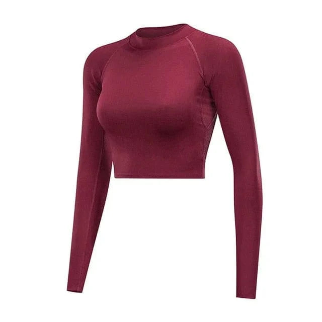 Rotes Sporttop mit Mesh-Rücken, langärmelig, kurz geschnitten. Ideal für Fitness, Yoga und Sport. Atmungsaktiv und stylisch.