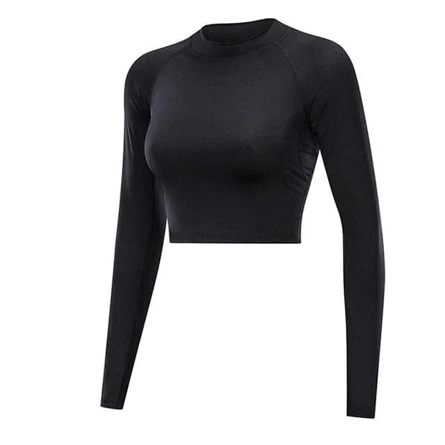 Schwarzes Sporttop mit Mesh-Rücken, langärmelig, kurz geschnitten. Ideal für Fitness, Yoga und Sport. Atmungsaktiv und stylisch.