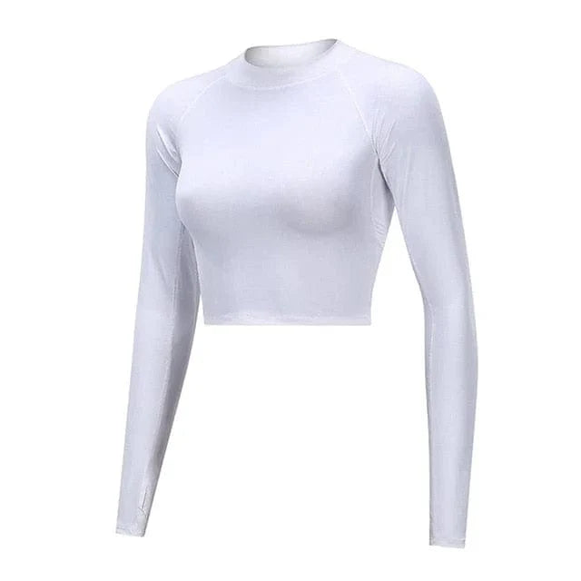 Weißes kurzes Sporttop mit Mesh-Rücken, langärmlig, ideal für Fitness und Yoga. Atmungsaktives Material, modisch und funktional.