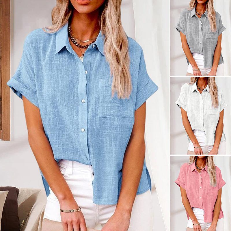 Lässige Kurzarmbluse aus Leinen in Blau, ideal für Sommermode. Perfekt kombinierbar, atmungsaktiv und stilvoll für Damen.