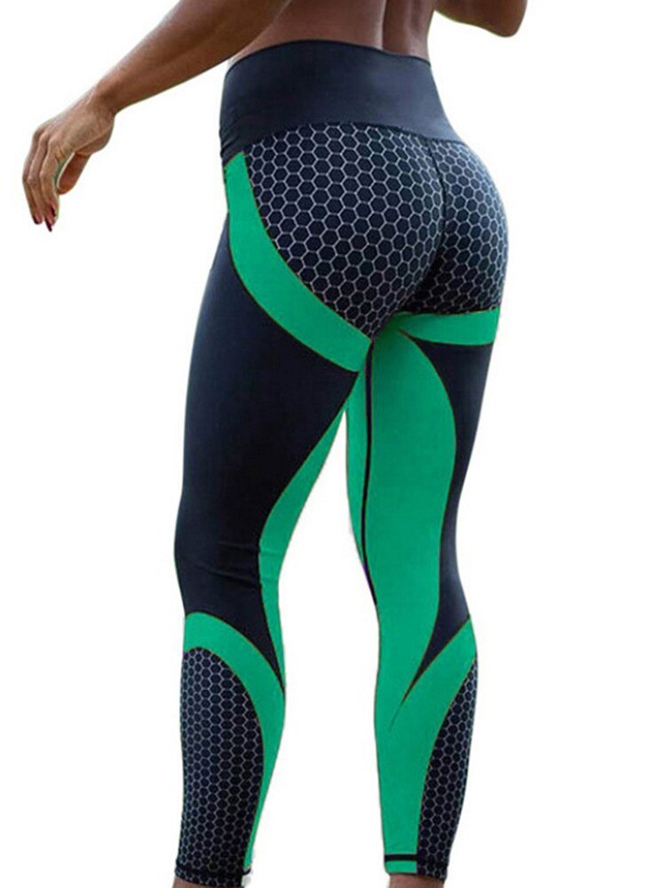 Sportliche Leggings für Damen, schwarz-grün, mit geometrischem Muster. Ideal für Fitness, Yoga und Laufen. Bequeme, elastische Passform.
