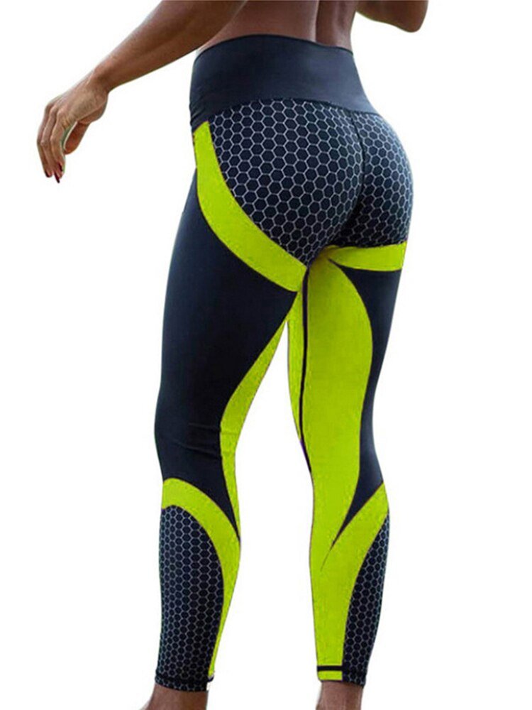 Sportliche Leggings in Schwarz und Neongelb mit Wabenmuster, ideal für Fitness und Yoga. Bequeme Passform, atmungsaktiv und modisch.
