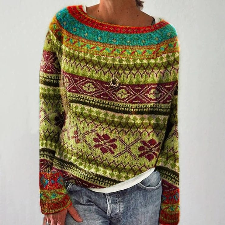 Bunter Strickpullover mit einzigartigem Print, ideal für Herbstmode. Perfekt kombinierbar mit Jeans. Trendige Damenmode, bequem und stilvoll.