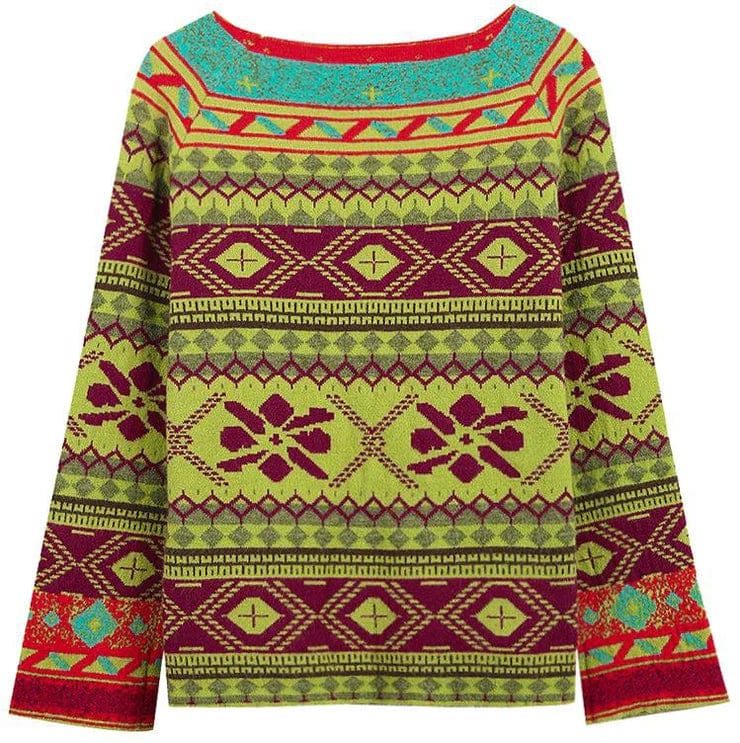 Einzigartiger Print-Pullover in leuchtenden Farben, geometrischen Mustern und Blumenmotiven. Perfekt für modische Herbst- und Winteroutfits.