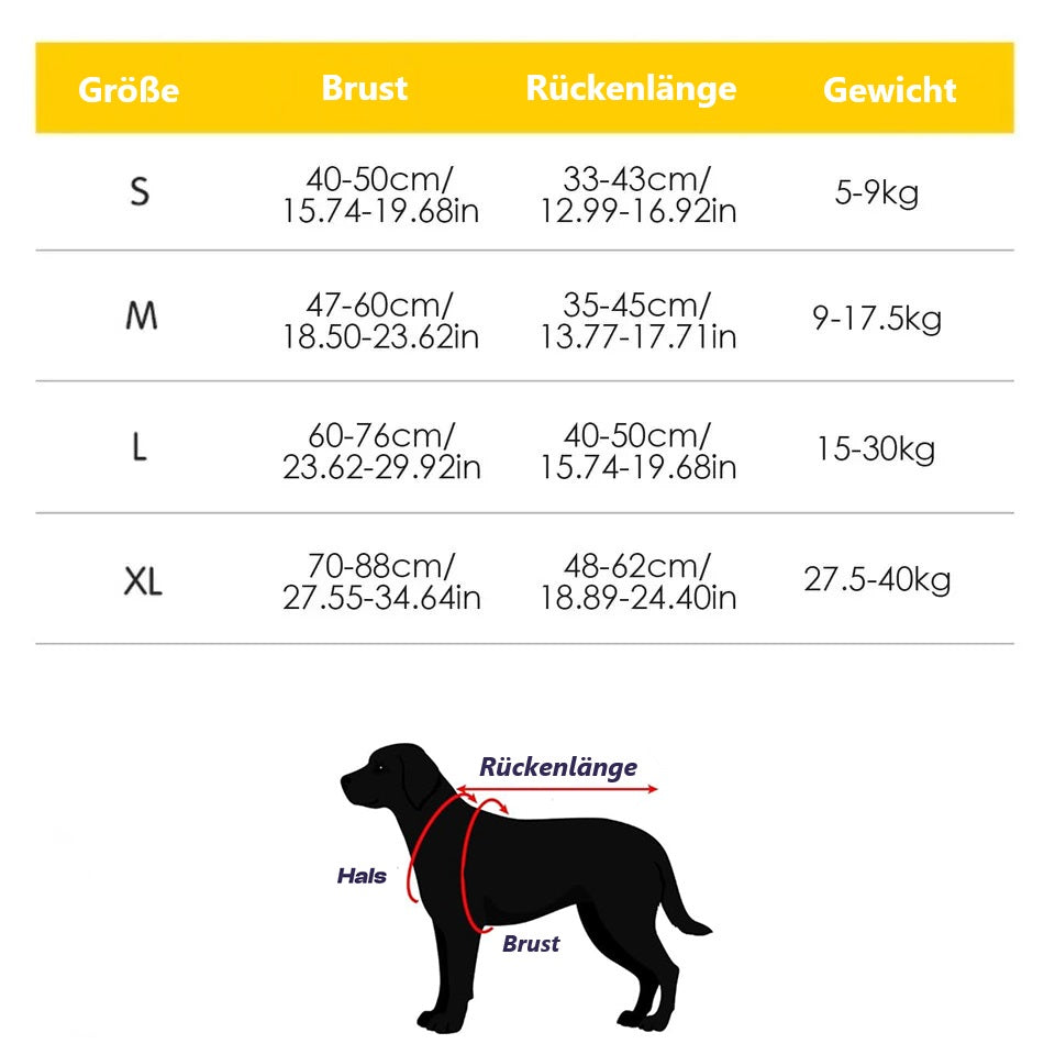 Größentabelle für Hundebekleidung: Größen S bis XL, Brust- und Rückenlänge, Gewicht. Ideal für die Auswahl passender Hundemäntel und -jacken.