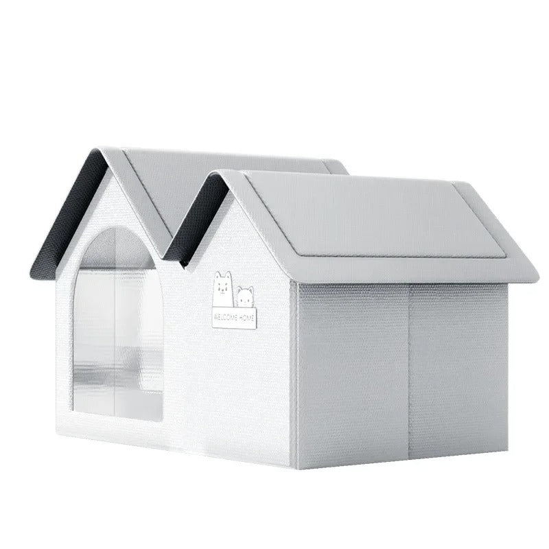 Graues Katzenhaus mit Fenster, wetterfestem Dach und süßem Design. Perfekt für den Innen- und Außenbereich. Katzenhaus, Haustierunterkunft.