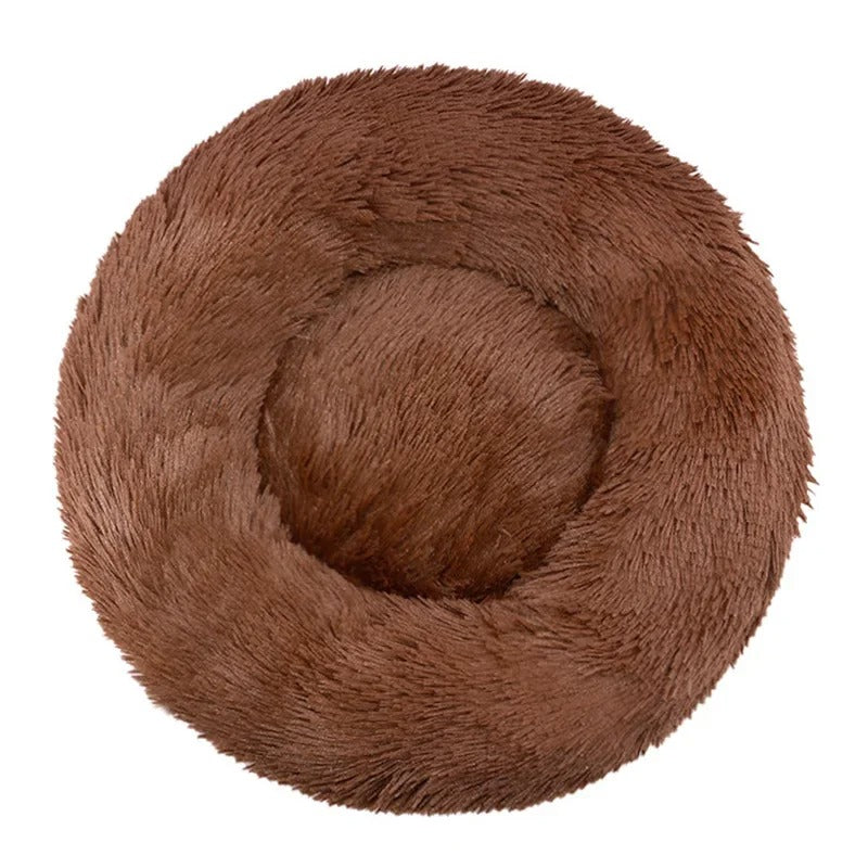 Rundes, flauschiges Hundebett in Braun, ideal für kleine bis mittelgroße Hunde. Komfortabel, waschbar und perfekt für erholsamen Schlaf.