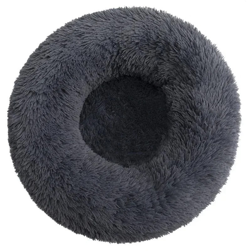 Rundes, flauschiges Hundebett in Dunkelgrau, ideal für Haustierkomfort. Perfekt für kleine bis mittelgroße Hunde. Weiches, gemütliches Design.