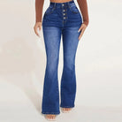 Damen-Jeans mit hoher Taille und ausgestelltem Bein, Knopfleiste, klassisches Blau, modisch, bequem, ideal für Freizeit und Alltag.