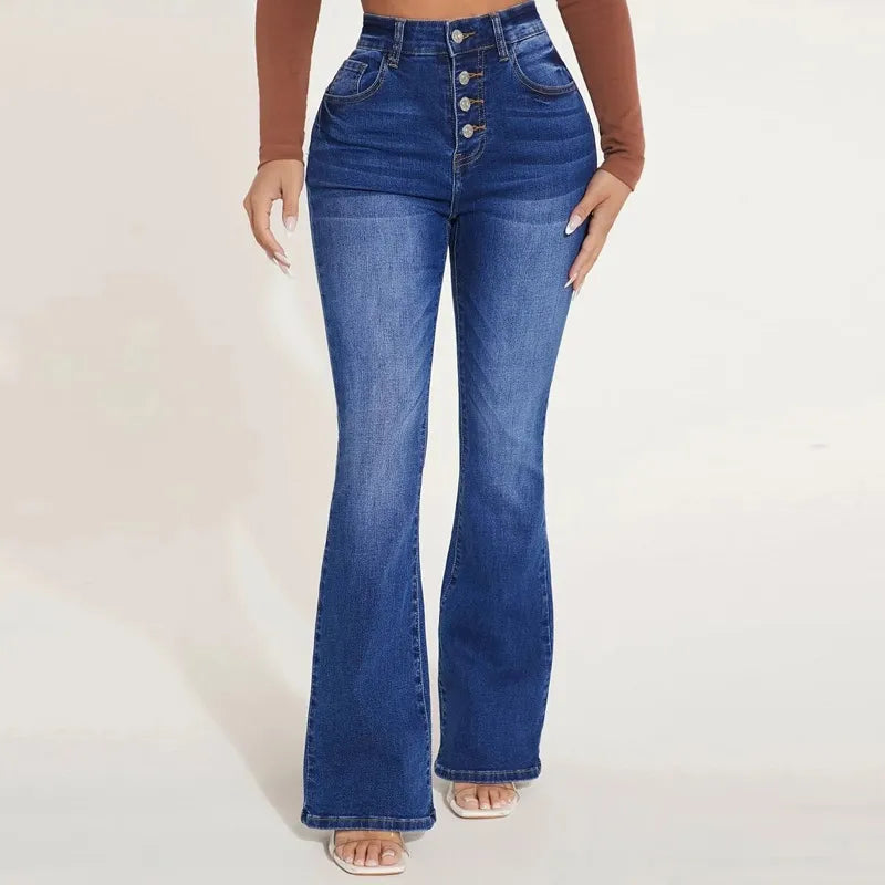 Damen-Jeans mit hoher Taille und ausgestelltem Bein, Knopfleiste, klassisches Blau, modisch, bequem, ideal für Freizeit und Alltag.