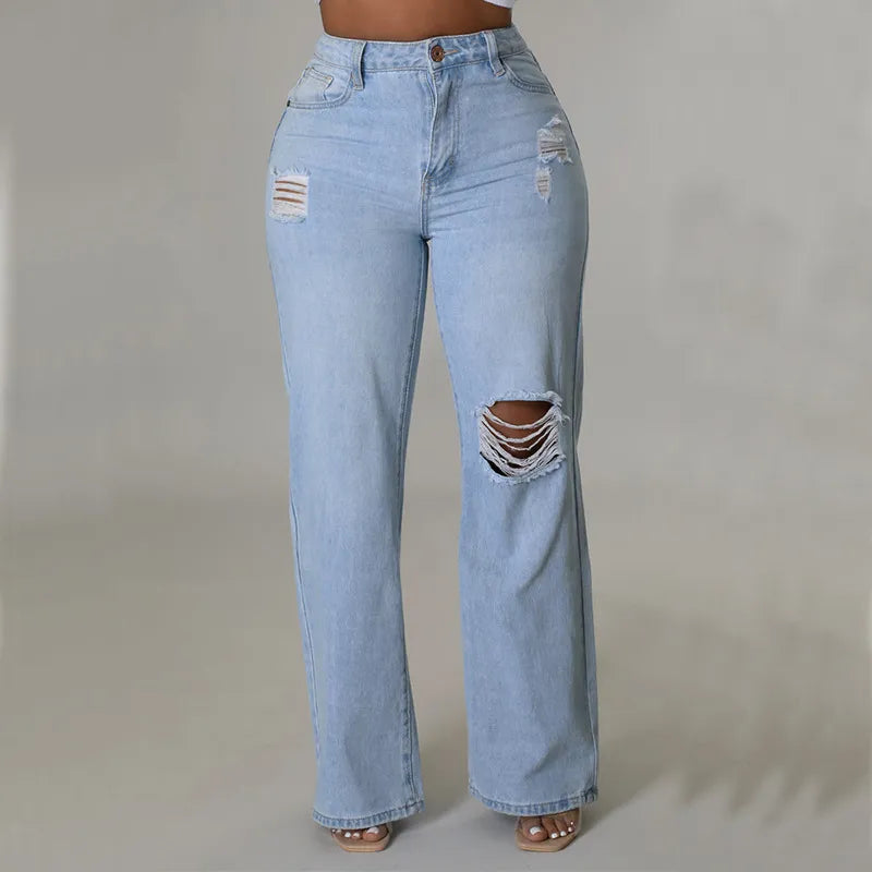 Damen-Jeans mit hohem Bund, hellblau, zerrissen, modisch, bequem, ideal für Freizeitoutfits, trendige Denim-Hose für stilvolle Looks.