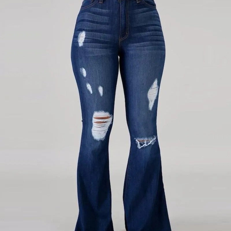Damen-Jeans mit Schlag, dunkelblau, zerrissen, modisch, Vintage-Stil, hohe Taille, lässig, bequem, trendige Denim-Hose für Frauen.