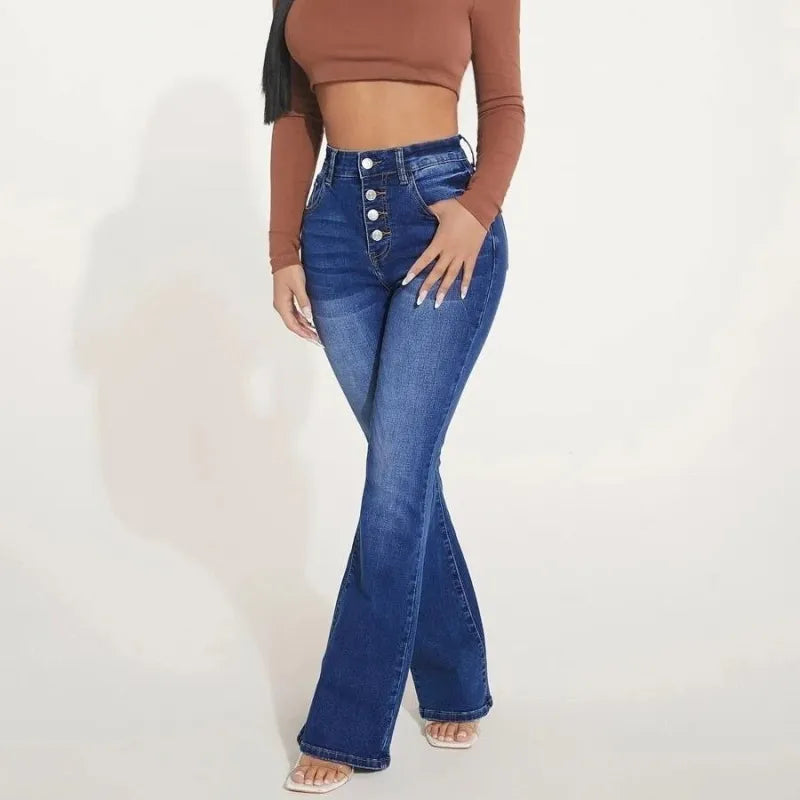 Damen-Jeans mit hoher Taille und Schlag, blaue Denim-Hose, modisch, figurbetont, ideal für trendige Outfits, bequem und vielseitig.