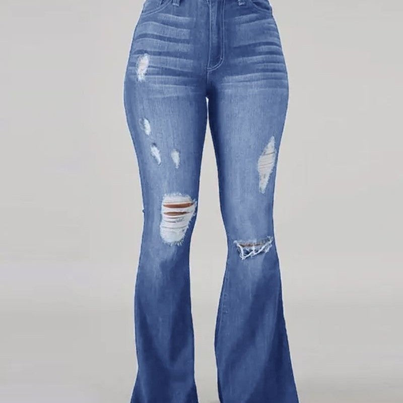 Damen-Jeans mit Schlag, zerrissenem Design und hoher Taille. Modische, blaue Denim-Hose für trendige Outfits. Perfekt für Freizeitlooks.