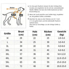 Größentabelle für Hundegeschirre: Brust-, Hals- und Rückenmaße in cm. Größen von M bis 6XL. Ideal für Hunde verschiedener Gewichtsklassen.