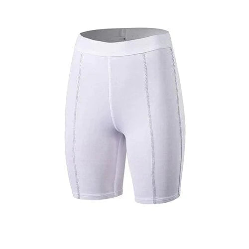 Weiße mittellange Sportshorts für Damen, ideal für Fitness und Yoga. Atmungsaktives Material, elastischer Bund, Größe S.