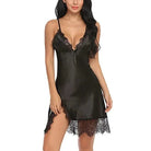 Schwarzes Nachthemd mit V-Ausschnitt und Spitzenbesatz, elegant und sexy. Perfekt für Damen, die stilvolle Nachtwäsche suchen.