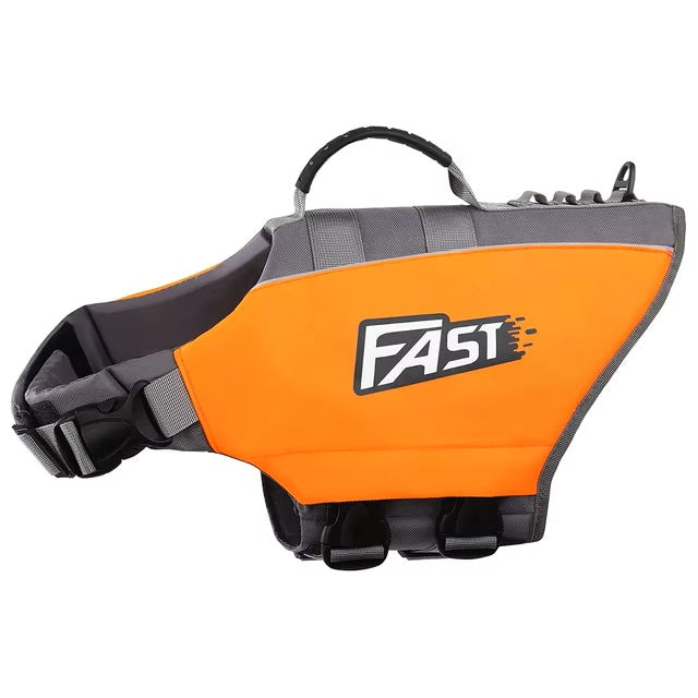 Orangefarbene Hundeschwimmweste mit Griff, verstellbaren Gurten und reflektierenden Details. Ideal für Sicherheit und Sichtbarkeit beim Schwimmen.