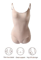Nahtloser Shapewear-Body in Beige, bietet Taillenformung, Brustunterstützung und Po-Lift. Perfekt für unsichtbare Konturen unter Kleidung.