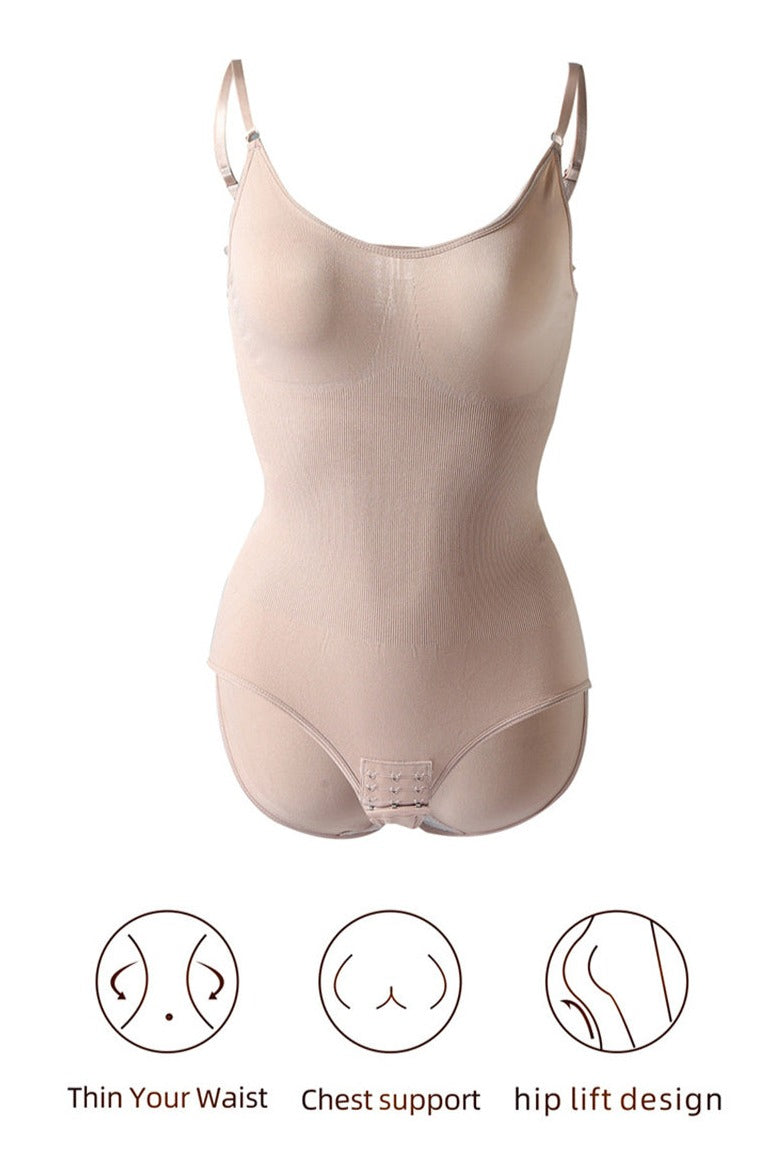 Nahtloser Shapewear-Body in Beige, bietet Taillenformung, Brustunterstützung und Po-Lift. Perfekt für unsichtbare Konturen unter Kleidung.