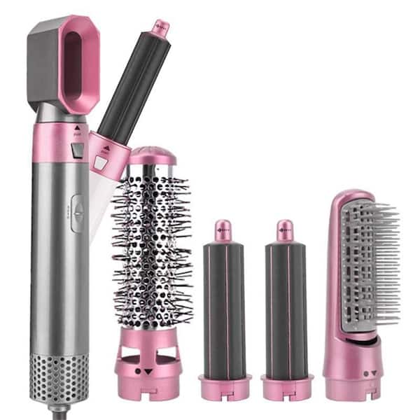 Rosa Haarstyling-Set mit Föhn, Lockenstab und Bürstenaufsätzen. Perfekt für vielseitiges Styling und glattes, glänzendes Haar.