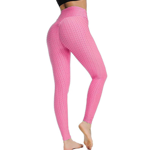 Damen pinke Leggings, hoch tailliert, Texturstoff, Fitnessmode, bequeme Sportbekleidung.