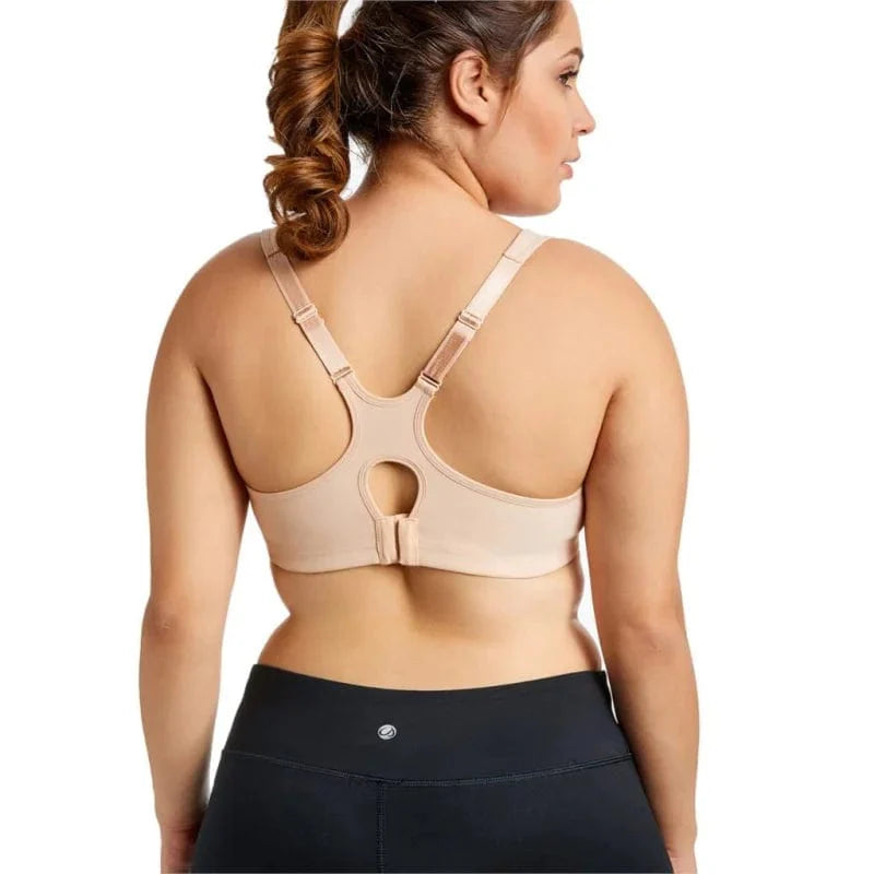 Plus-Size Sport-BH mit Mesh, beige, Racerback-Design, ideal für Training und Komfort. Perfekt für aktive Frauen, die Unterstützung suchen.