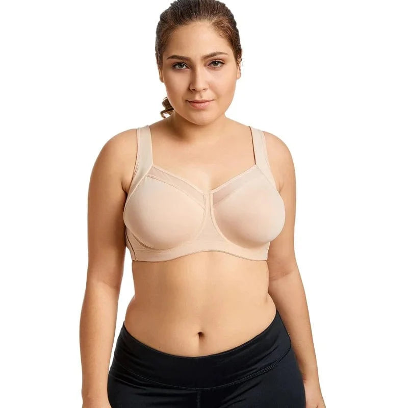 Plus-Size Sport-BH in Beige mit Mesh-Einsätzen, ideal für Komfort und Halt. Perfekt für aktive Frauen, die stilvolle und funktionale Sportbekleidung suchen.