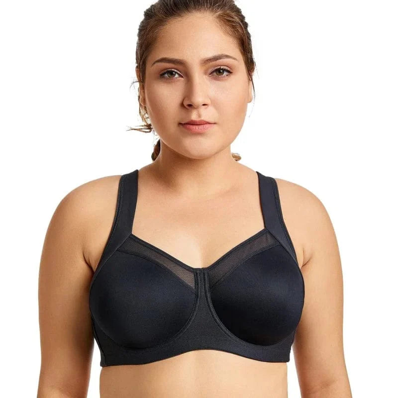 Plus-Size Sport-BH mit Mesh in Schwarz, ideal für Komfort und Halt. Perfekt für aktive Frauen, die stilvolle und funktionale Sportbekleidung suchen.