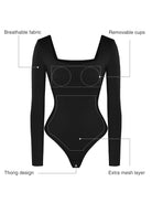 Schwarzer Langarm-Body mit quadratischem Ausschnitt, atmungsaktivem Stoff, abnehmbaren Cups, String-Design und zusätzlicher Mesh-Schicht.