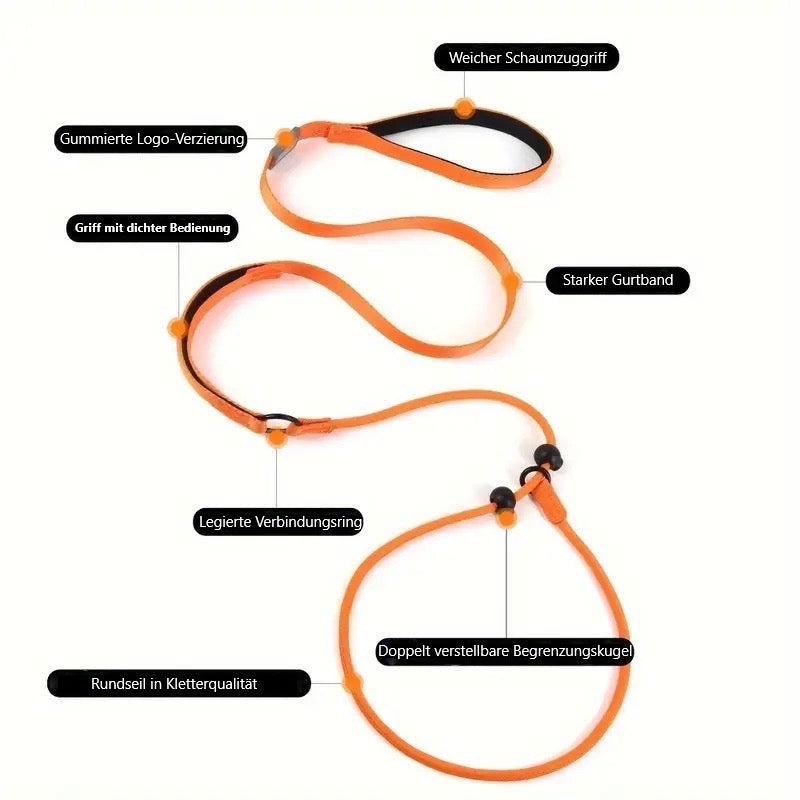 Hochwertige orange Hundeleine mit weichem Schaumstoffgriff, starker Gurtband, gummierter Logo-Verzierung, doppelt verstellbare Begrenzungskugel.