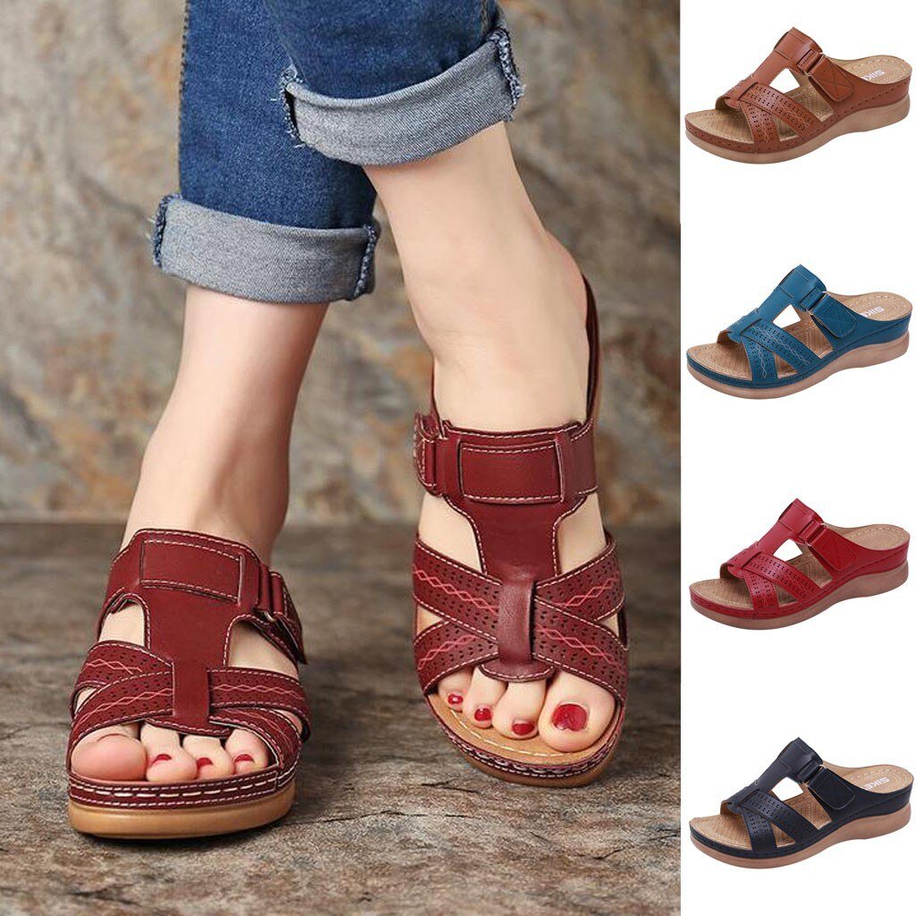 Damen-Sandalen aus Leder, bequem und modisch, in Rot, Blau und Braun. Ideal für Sommer, Freizeit und Alltag. Verfügbar in verschiedenen Größen.