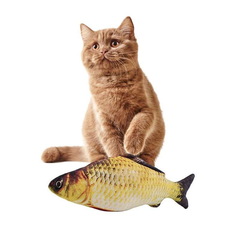 Braune Katze mit gelbem Fischspielzeug, Plüsch, interaktives Katzenspielzeug, Haustierbedarf.