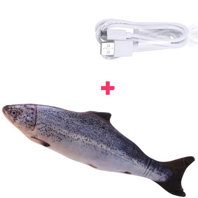 Plüschfisch-Spielzeug mit USB-Ladekabel, interaktives Katzenspielzeug, realistisch, grau.