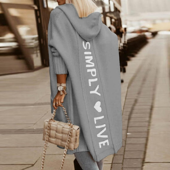 Damen Strickmantel mit Kapuze, graue Farbe, Aufschrift "Simply Live", modisch, warm, ideal für Herbst und Winter, lässiger Stil, Streetwear.