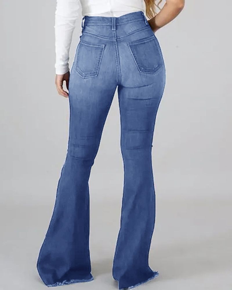 Damen-Jeans mit hoher Taille und ausgestelltem Bein, blaue Denim-Hose, modisch, bequem, ideal für Freizeit und Alltag, trendige Passform.