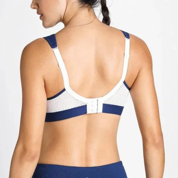Damen Sport-BH, blau-weiß, atmungsaktiv, verstellbare Träger, ideal für Fitness und Training, hoher Tragekomfort, Rückenansicht.
