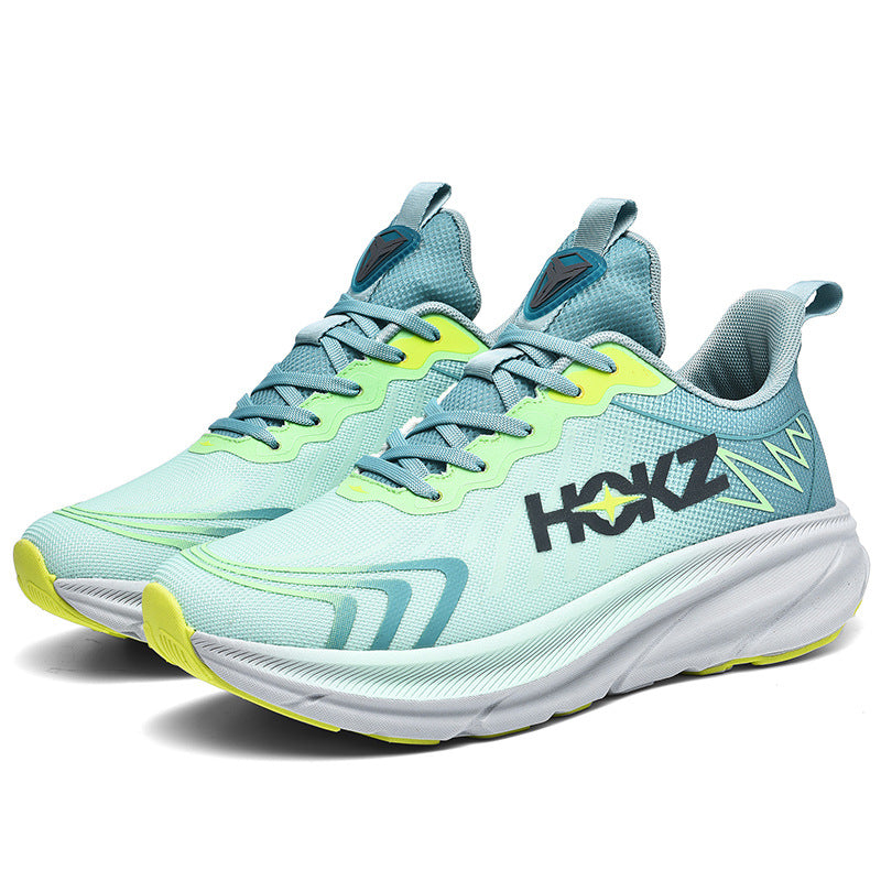 Türkisfarbene Laufschuhe, atmungsaktiv, mit weißer Sohle und gelben Akzenten, ideal für Sport.