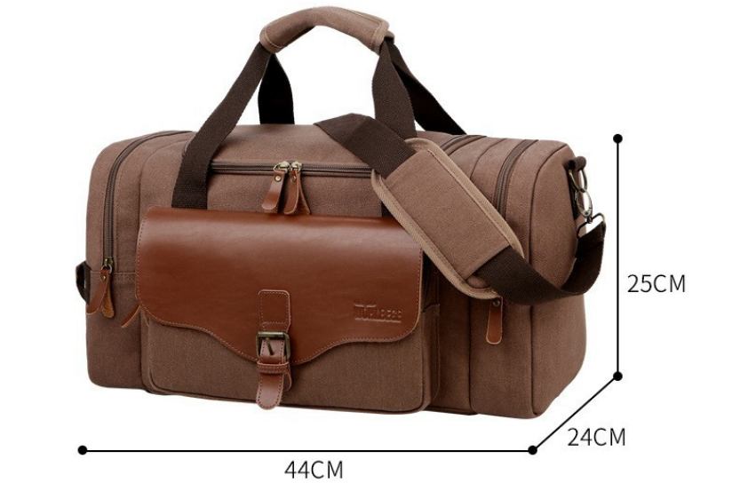 Braune Reisetasche aus Segeltuch, 44x24x25 cm, mit Lederakzenten und verstellbarem Schultergurt.