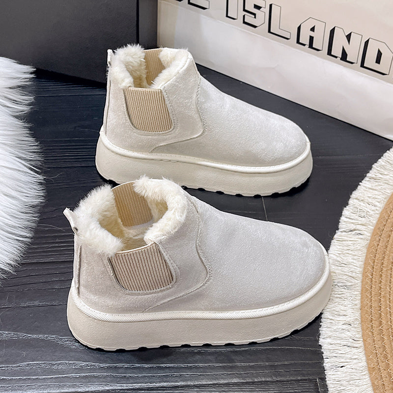 Damen-Winterstiefel, plüschgefüttert, rutschfest, wasserdicht, beige, knöchelhoch. Perfekt für kalte Tage, modisch und bequem.
