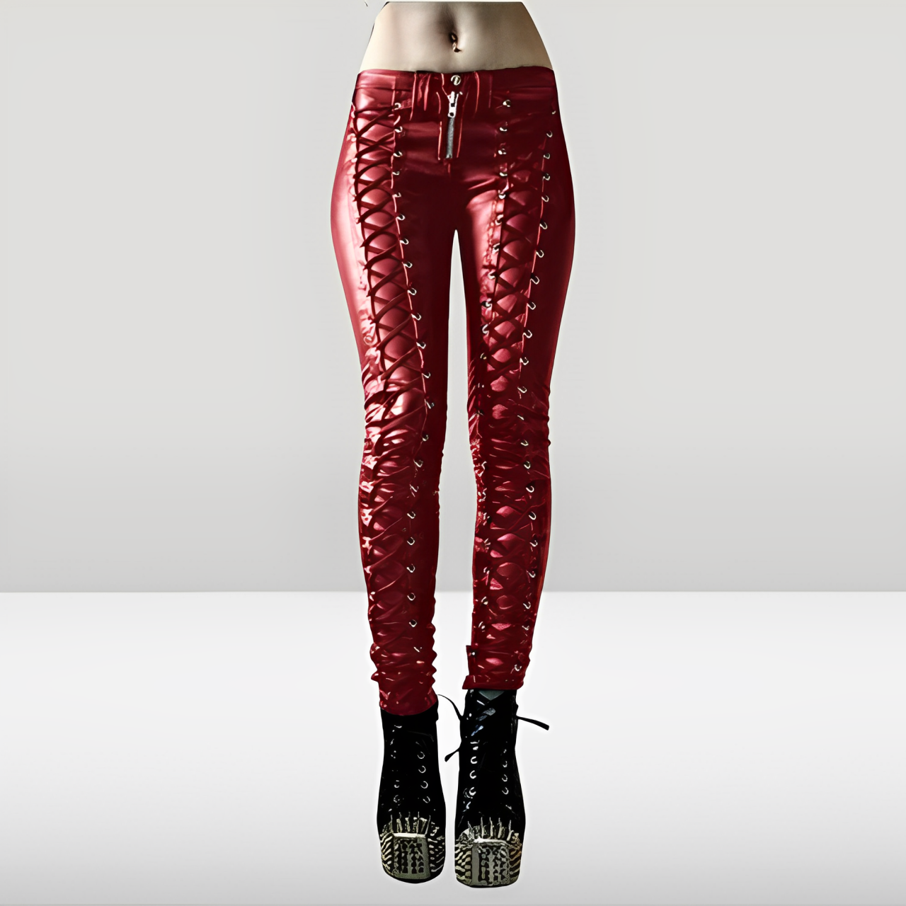 Rote Lederhose mit Schnürung, figurbetont, modisch, ideal für Partys. Hochwertiges Material, trendiges Design, auffälliger Look.